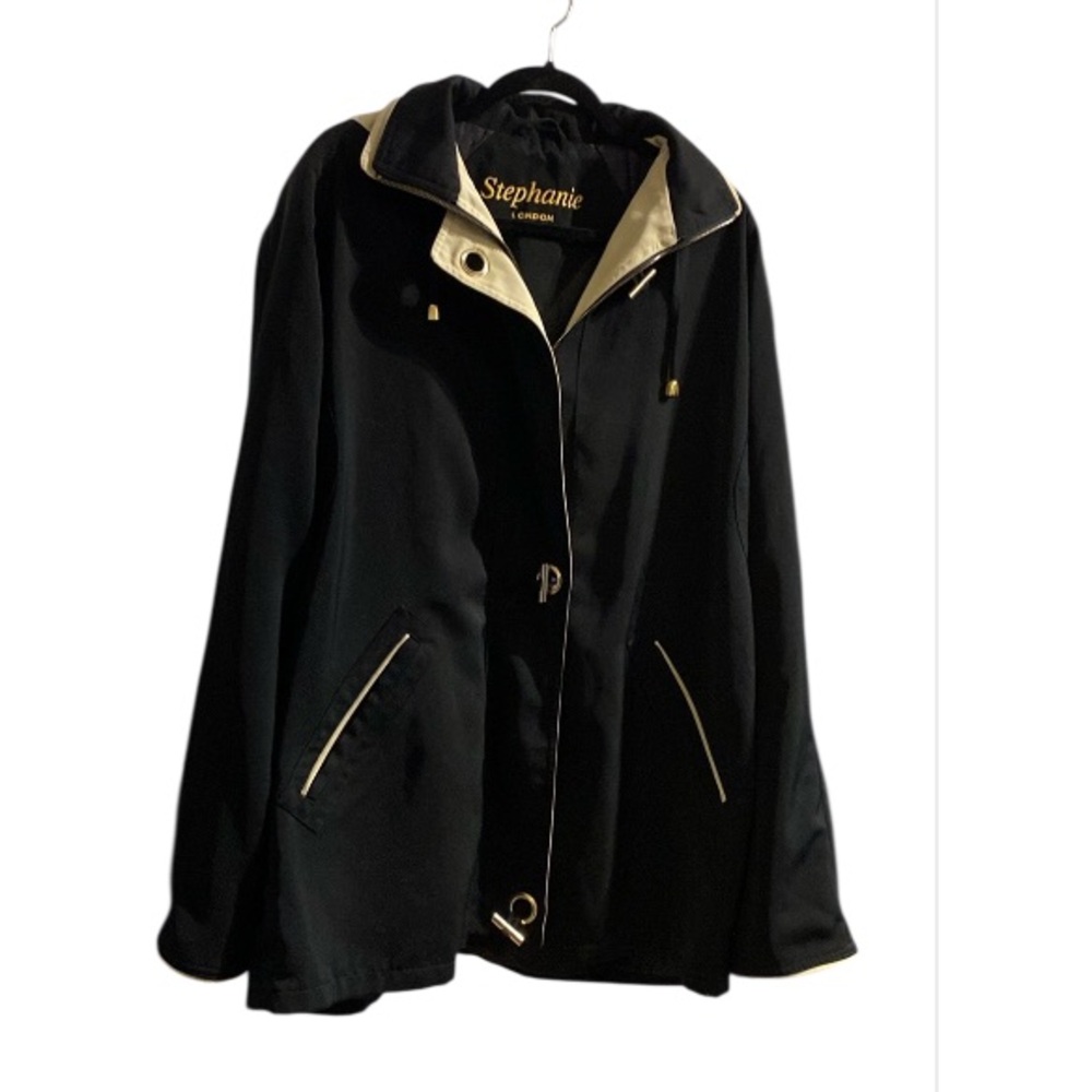 STEPHANE LONDON Black Rain Jacket w/removable hood!!! Gold Metal Toggle Buttons!